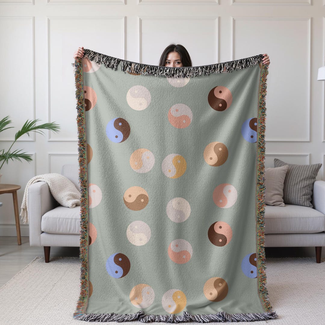 90s Retro Yin Yang Woven Throw Blanket Sage Green 90s Aesthetic