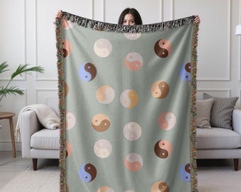 90s Retro Yin Yang Woven Throw Blanket Sage Green 90s Aesthetic