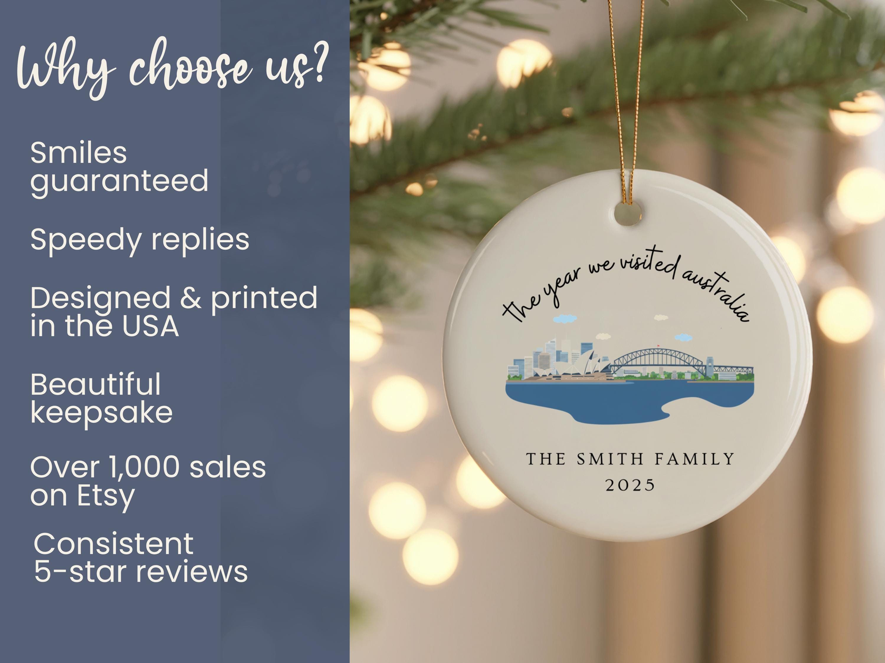 Australia Family Trip Ornament Personalized Sydney Vacation Memories  Keepsake Custom Ceramic Aussie Christmas Ornament w Family Name \u0026 Year, image size:3000x2250