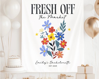 Livraison gratuite bannière Bachelorette personnalisée Farmers Market fleurs sauvages esthétique tapisserie nuptiale douche toile de fond tendance Bach Party signe