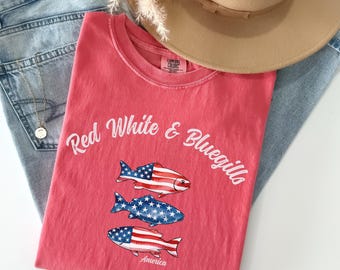 4th of July Fishing Shirt Comfort Colors USA Fish Shirt Funny Lake Tee Stars & Stripes American Flag Red White Blue Gift Patriotic T-shirt