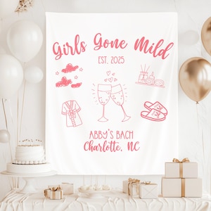 May include: White bachelorette party backdrop with pink text that reads "Girls Gone Mild EST. 2025" and "ABBY'S BACH Charlotte, NC". The backdrop also features pink illustrations of clouds, champagne flutes, bathrobes, slippers, and spa items.