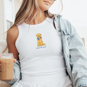 Leuke 4 juli-tanktop bijgesneden getailleerd Golden Retriever Amerikaans meisje Golden Mom VS hondenliefhebber microrib racerback patriottische geribbelde tanktop
