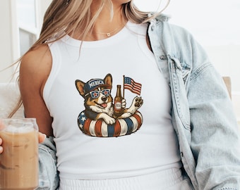 Funny 4th of July Tank Top Tri Color Corgi Tank Top American Flag Dog Lover Independence Day July 4th Patriotic Red White Blue USA Cropped