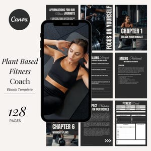 Może przedstawiać: Czarno-biała okładka ebooka z tytułem "Plant Based Fitness Coach" i zdjęciem kobiety wykonującej ćwiczenie brzuchów. Okładka zawiera również tekst "128 stron" i "Szablon ebooka".