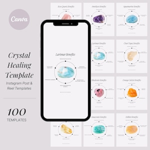 Crystal Healing Template | 100 Editable Instagram Posts | Crystal Benefits Social Media Pack | Spiritual Coach | Wellness | Holistic Healing