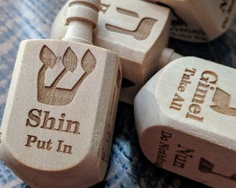 Wooden Dreidel Engraved with Hebrew and English Instructions