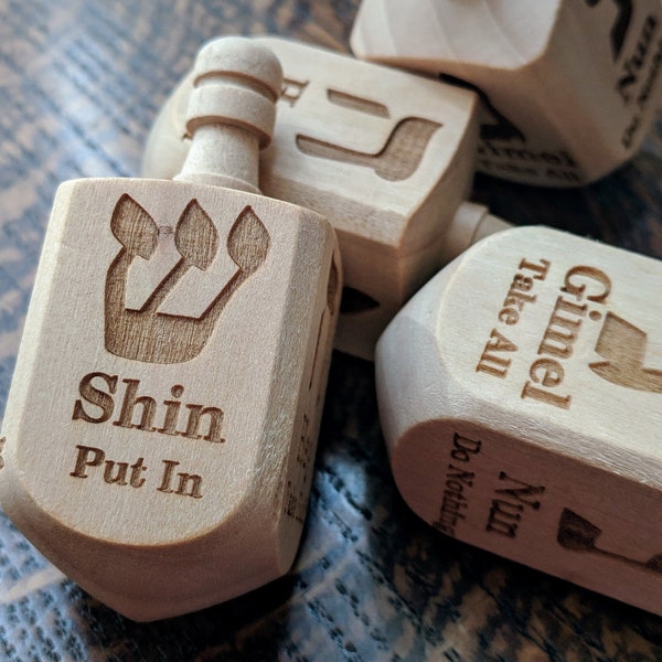 Wooden Dreidel Engraved with Hebrew and English Instructions