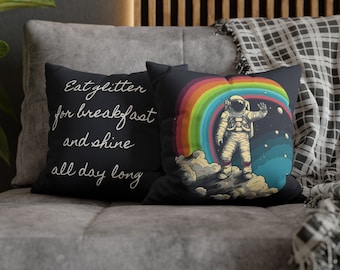 Eat Glitter and Shine All Day with Astronaut and Rainbow Pride Faux Suede Square Pillow Case