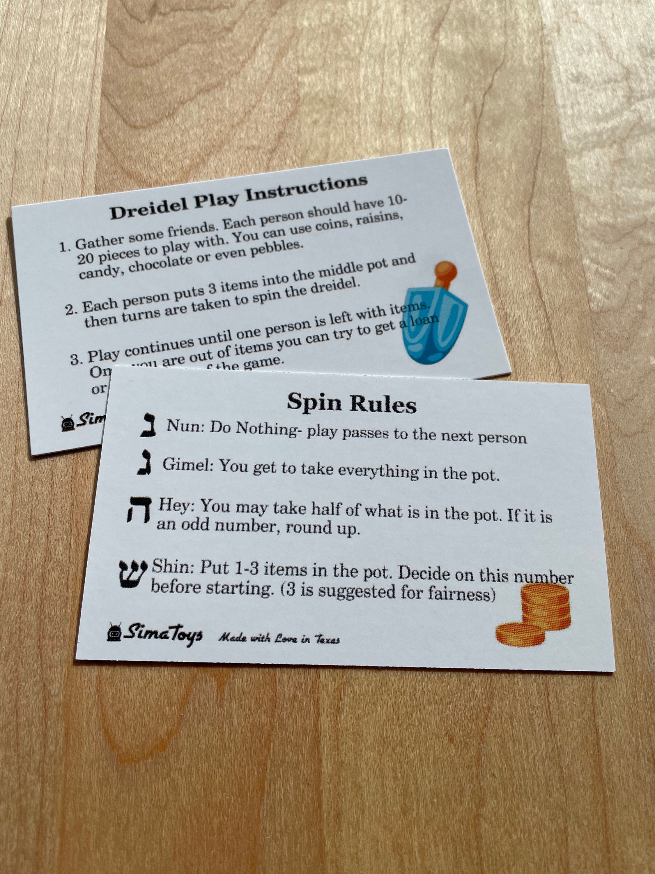 Wooden Dreidel Engraved with Hebrew and English Instructions