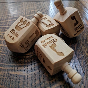 Wooden Dreidel Engraved with Hebrew and English Instructions image 2