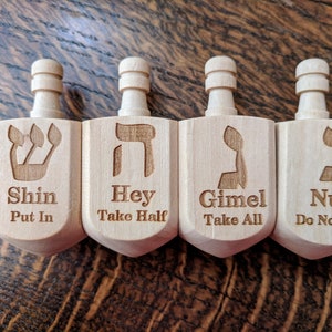 Wooden Dreidel Engraved with Hebrew and English Instructions image 3