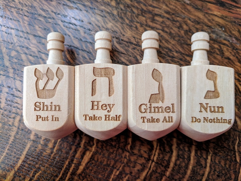 Wooden Dreidel Engraved with Hebrew and English Instructions image 3