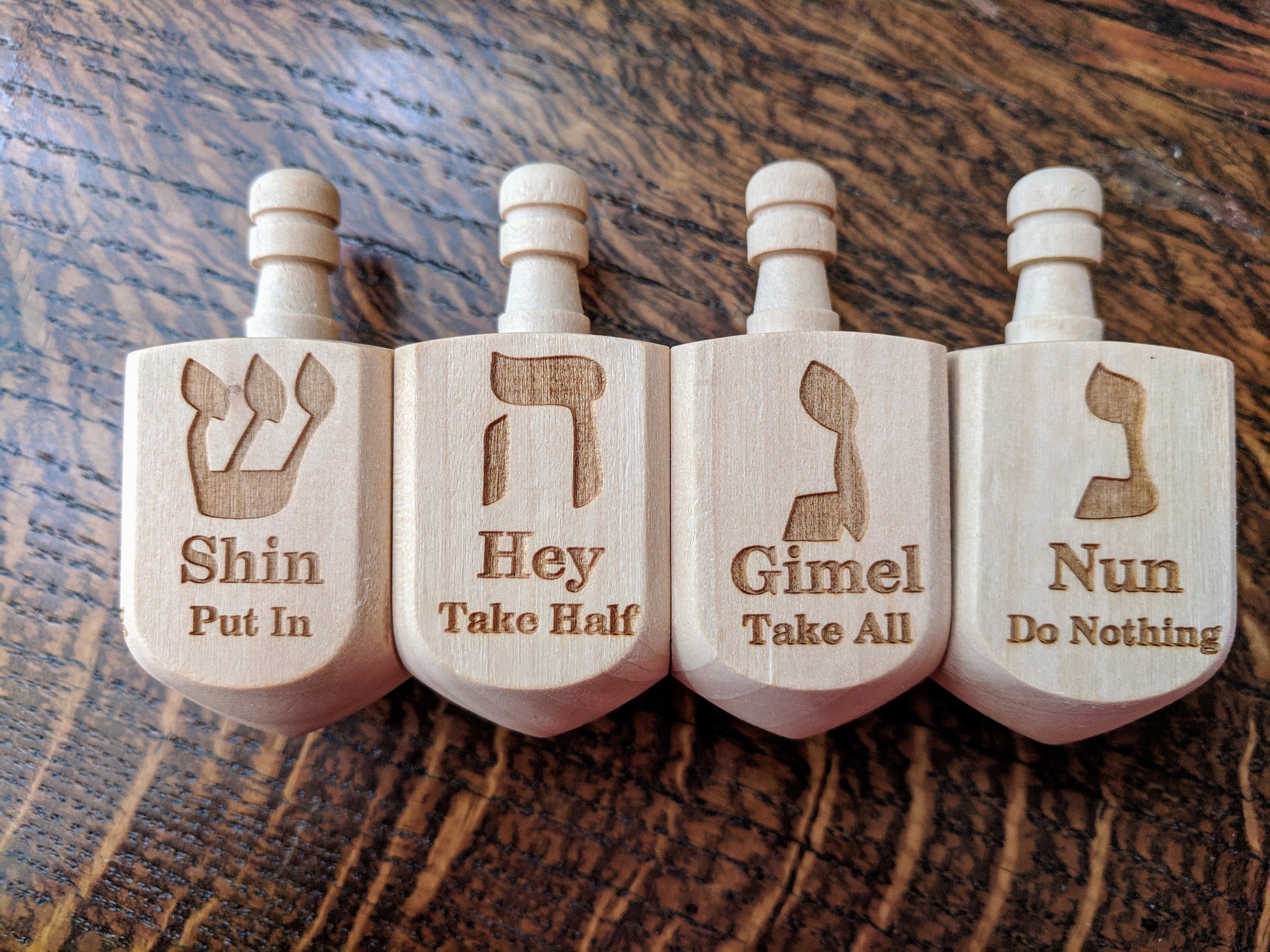 Wooden Dreidel Engraved with Hebrew and English Instructions