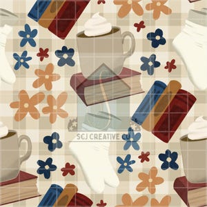 May include: A repeating pattern with a beige plaid backdrop, showcasing illustrations of coffee mugs with whipped cream, books, socks, and flowers in blue, orange, and red hues. The text "SCJ CREATIVE CO" is visible.