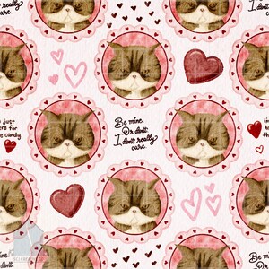 Könnte beinhalten: Wiederholendes Muster mit einer Illustration einer grimmig blickenden Katze in einem rosa, wellenförmigen Rahmen. Das Design umfasst rosa Herzen, den Text "Be mine. Or don't. I don't really care" und andere herzförmige Elemente.