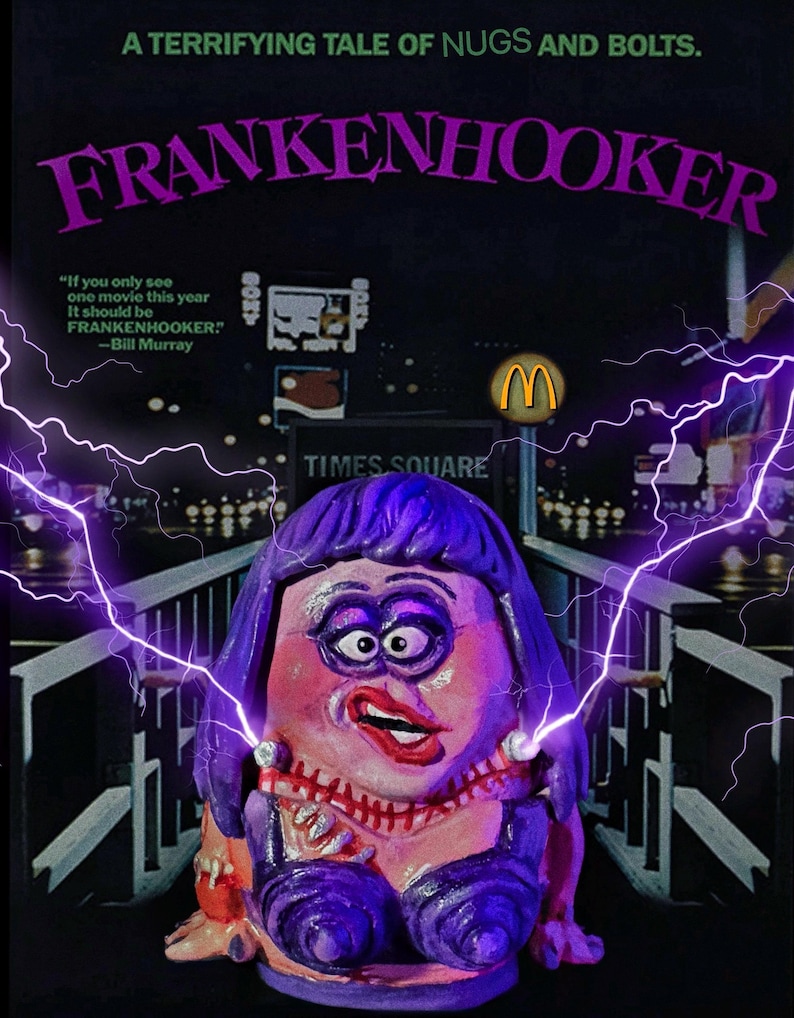 May include: A promotional image for the movie "Frankenhooker" featuring a grotesque, cartoonish figure with purple hair and a stitched-up neck. The background shows Times Square with lightning bolts and the McDonald's logo. Text includes the movie title and a quote.