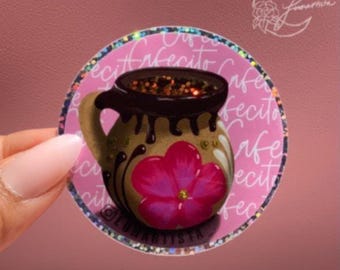 Cafecito glitter sticker, 2.4" x 2.4", cafecito y chisme lover, waterproof vinyl