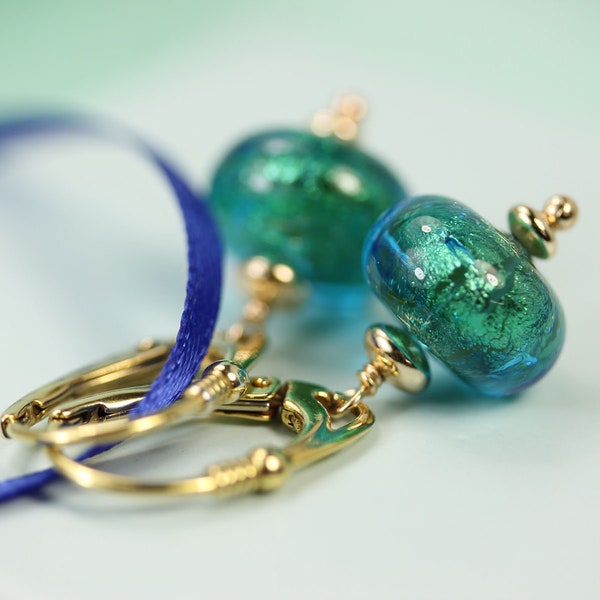 Murano Glass Aqua green lever back dangle earrings by art4ear, blue green gold, unique gift for her, gift wrapped, handmade Venetian beads
