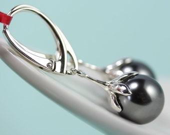 Dark gray crystal pearl drop leverback earrings sterling silver calyx dangle by art4ear, Gifts for Her