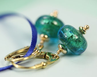 Murano Glass Aqua green lever back dangle earrings by art4ear, blue green gold, unique gift for her, gift wrapped, handmade Venetian beads