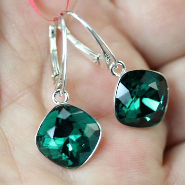 Emerald green 12mm quality cushion cut crystal sterling silver lever back dangle earrings, by art4ear, gift for her, free gift wrap, green