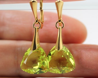 Citrus green trilliant cut crystal on 24K gold plated sterling fancy drop dangle lever back earrings by art4ear, free gift wrap