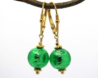 Murano glass dangle earrings, bright emerald green by art4ear, 24K gold plated sterling lever backs, gift for her