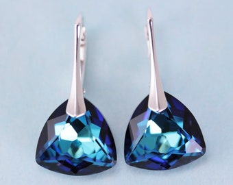 Bermuda Blue trilliant cut 14.5 crystal lever back dangle earrings in sterling silver by art4ear