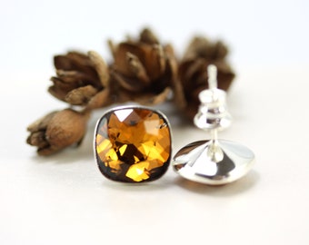 Crystal sterling silver stud earrings, 10mm cushion cut crystals in light amber color, brown yellow sparkly by art4ear