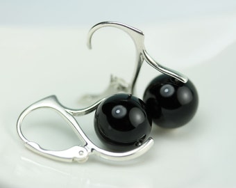 Black Onyx 10mm Sterling Silver European Lever Back Earrings by art4ear black and silver leverback earings, unique gift for her