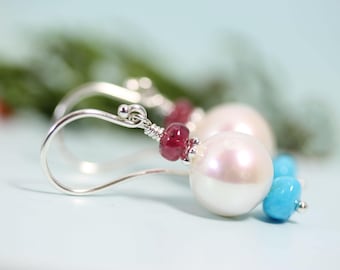 Pearl drop earrings with Sleeping Beauty turquoise and red spinel on Sterling French hooks by art4ear gift under 50, OOAK