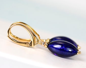 Murano Cobalt blue tear drop oval dangle lever back earrings by art4ear, 24K gold plated sterling silver, quality gift, gold and blue