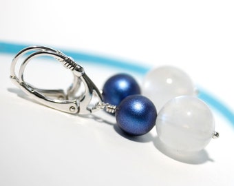 Moonstone 11mm with blue crystal pearl 8mm sterling silver leverback dangle earrings by art4ear, unique gift
