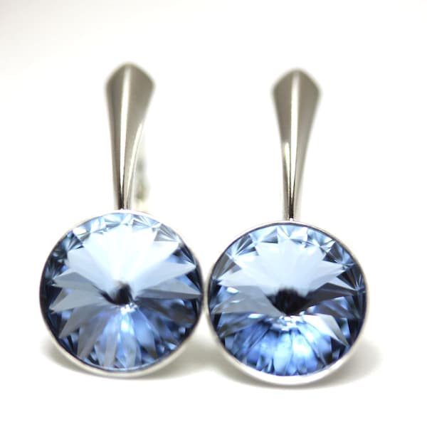 Light Sapphire Quality Crystal Rivoli cut Sterling Silver lever back drop earrings, by art4ear, unique gift for her, sparkly blue