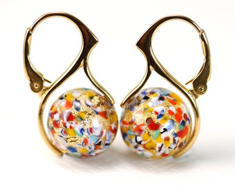 Murano glass Klimt inspired gold foil multi colored 12mm beads on European lever backs 24K gold plated sterling by art4ear, gift for her