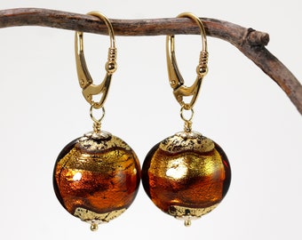 Murano glass golden topaz disc 17mm on 24K gold plated sterling lever back dangle earrings by art4ear