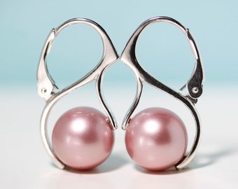 Powder Rose pink crystal pearl 10mm, sterling silver European leverback earrings by art4ear, unique gift for her, free gift wrap