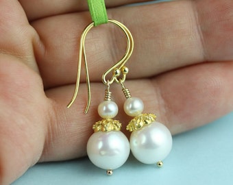 Pearl Earrings with Vermeil Bead Caps on French hooks by art4ear, white freshwater pearl dangle earrings, one-of-a-kind, Mother's Day Gift