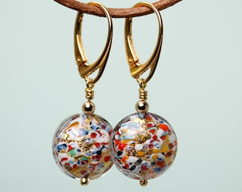 Murano Klimt inspired gold foil 14mm disc glass bead dangle leverback earrings by art4ear, 24K gold plated sterling silver, Gifts for Her