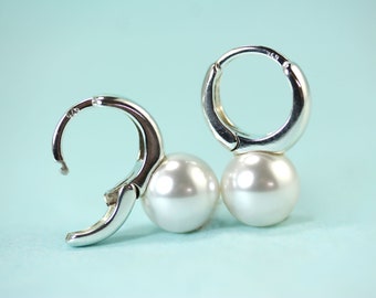 Hoop Pearl Earrings, Huggie hoop with 10mm faux pearl in white or light grey, by art4ear, small wide hoop latch back sterling silver