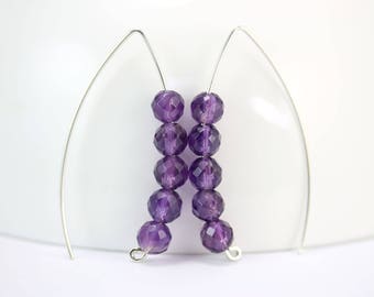 Amethyst stacked beaded open hoop dangle earrings by art4ear February birthstone gift for her under 50, amethyst beaded silver wire earrings