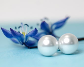 Moonlight crystal pearl stud earrings 10mm Gift for Her by art4ear faux pearl post/stud earrings, slightly gray/white