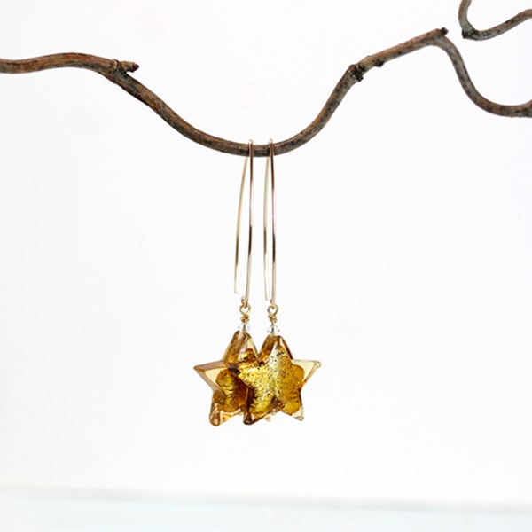 Murano glass gold foil stars on long gold filled dangle ear wires open hoop style by art4ear, unique gift, Venetian glass star earrings