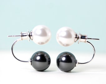 Double Pearl White and Black 10mm crystal pearl earrings on sterling silver by art4ear, swing jacket with stud, modern pearls, Gift for Her