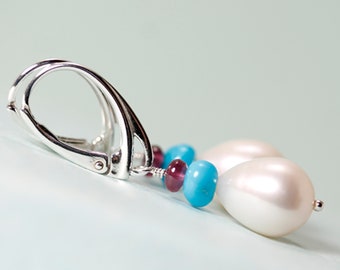 Teardrop Freshwater pearl with turquoise and red spinel, sterling lever back dangle earrings by art4ear, one-of-a-kind, OOAK
