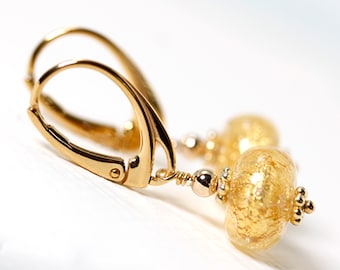 Venetian Murano gold foil in glass 24K gold plated sterling silver leverback dangle earrings by art4ear, gift wrapped