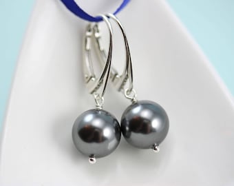 Dark Gray 10mm crystal pearl drop earrings on sterling silver lever backs by art4ear gift for her grey  simulated pearl dangle