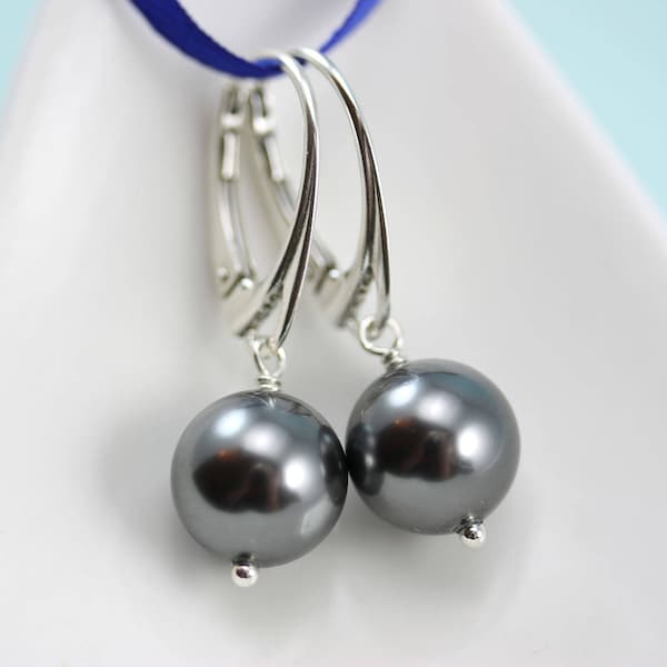 Dark Gray 10mm crystal pearl drop earrings on sterling silver lever backs by art4ear gift for her grey  simulated pearl dangle