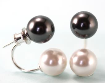 Double Pearl 10mm Black and white crystal pearl earrings on sterling silver by art4ear, swing jacket with stud, modern pearls